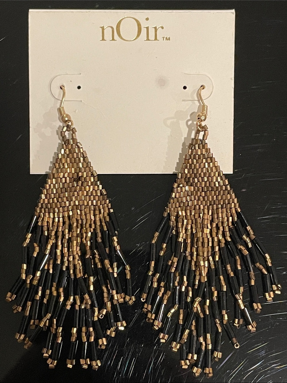 nOir Jewelry Gold and Black Beaded Tassel Earrings